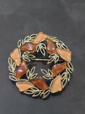 Pegasus Coro Brooch Shades Of Tan and Brown Lucite Crystals & Gold tone Wreath